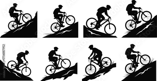 Set of mountain biker silhouettes riding uphill and downhill, perfect for extreme sports and outdoor adventure themes