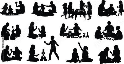 Collection of family silhouettes playing and spending time together, ideal for illustrating family values and togetherness