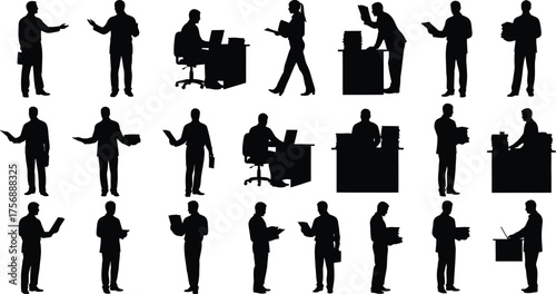 Silhouette of various business people in different poses, showcasing professional activities and office scenarios