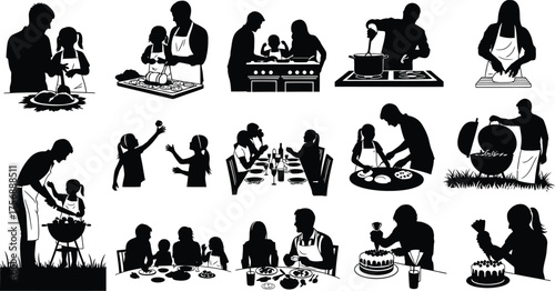 Family cooking vector icons silhouette of people preparing food together for design and decoration