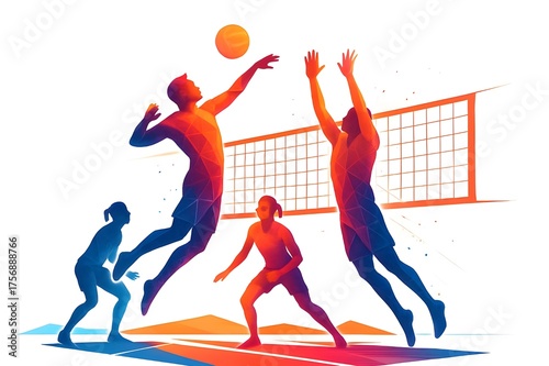 Abstract illustration of a dynamic beach volleyball match