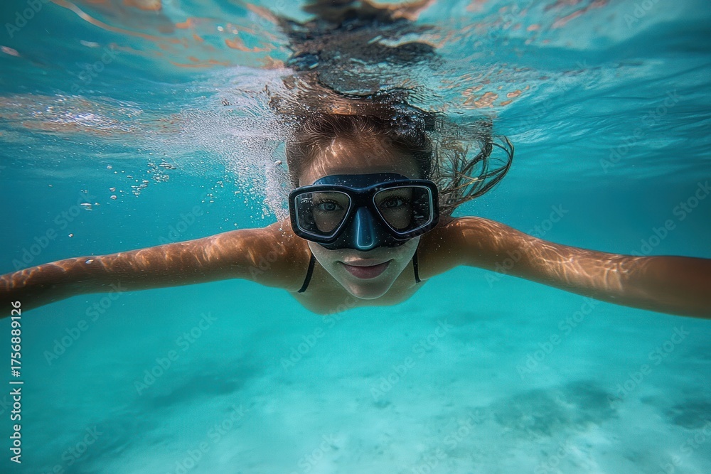Naklejka premium Young woman swimming underwater in clear turquoise water wearing snorkel mask with outstretched arms and relaxed expression