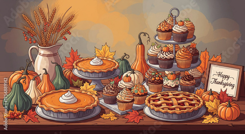 Thanksgiving Feast A Delightful Array of Festive Pies and Cupcakes on a Wooden Table