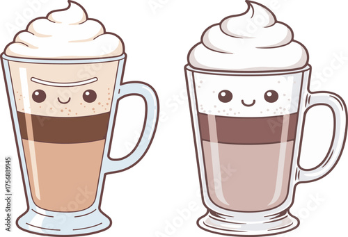 Cute kawaii cartoon coffee latte drinks with whipped cream isolated on white background