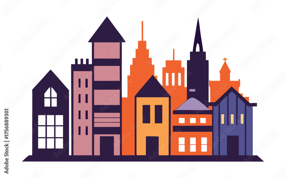 Fototapeta premium Stylized illustration of a colorful cityscape with diverse buildings and architectural styles