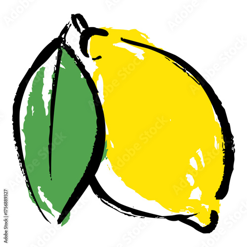 筆の温かみを感じる葉つき丸ごとレモンの和風イラスト素材