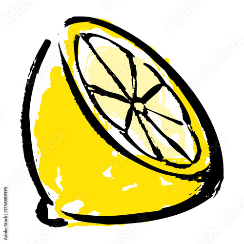 Hand-drawn illustration of a half-cut lemon expressed with the texture of a Japanese brush | Natural citrus art