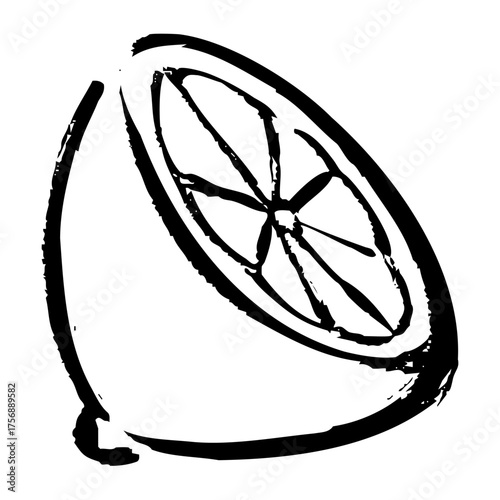 筆タッチで描いた半分にカットされたレモンの手描きイラスト素材｜和風の果実デザイン