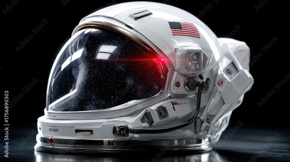 Fototapeta premium A detailed astronaut helmet showcasing advanced technology and space-themed design, reflecting the vastness of the universe within its visor.
