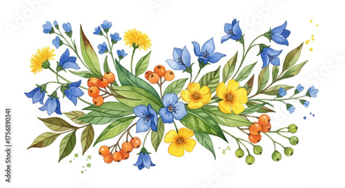 Vibrant watercolor illustration of a summer wildflower bouquet with bluebells and yellow flowers.