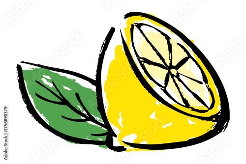 筆の風合いを活かした半分のレモンと葉のイラスト素材