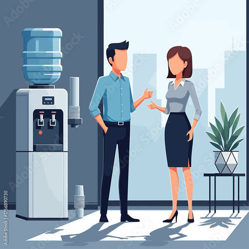 Two office workers converse near a water cooler, discussing something important.