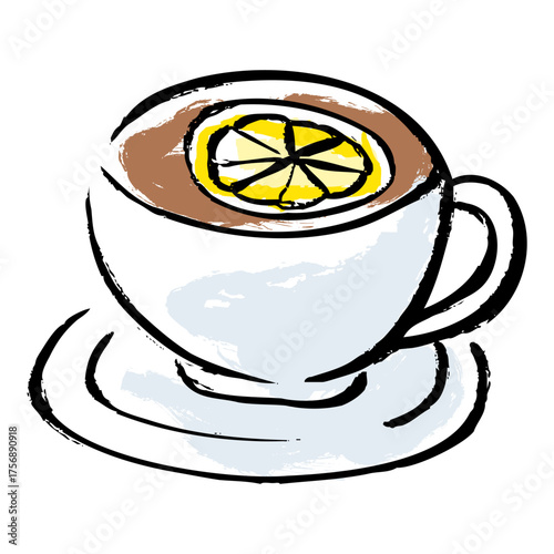 A warm hand-drawn illustration of fragrant tea with lemon