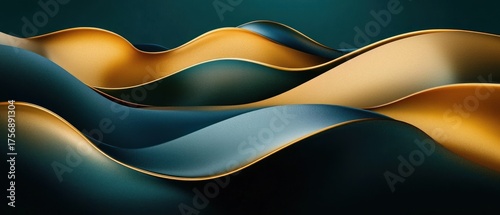 Abstract smooth flowing waves in gold and dark teal colors creating a luxurious, calm, and elegant visual effect