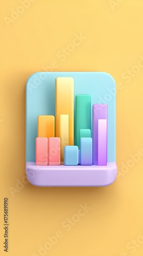 Colorful 3D Bar Chart Icon on Yellow Background.