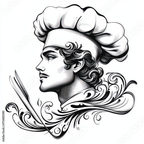artistic black and white illustration of a male chef wearing a traditional tall hat with ornamental swirling designs around the neck and holding a feather pen with a focused expression