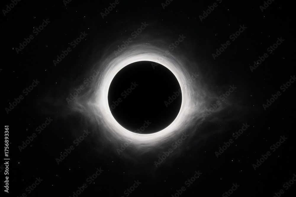 Obraz premium Black hole surrounded by glowing white light halo in deep space with dark background and scattered stars, space phenomenon concept artwork. Ai generative