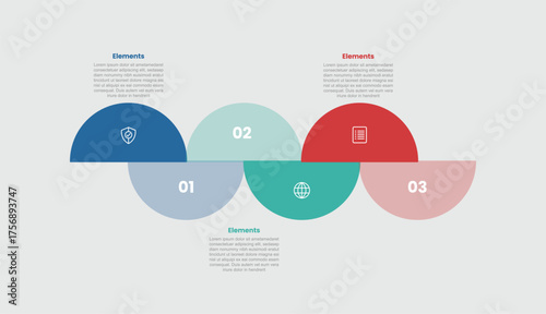 3 elements infographic comparison diagram with half circle slice up and down with 3 step for slide presentation