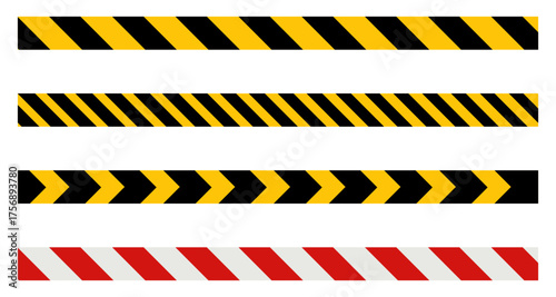 Collection of black and yellow hazard tapes and red warning barrier stripes. Ideal for safety, construction, and restricted area designs. Clean vector pattern isolated on white background for easy use
