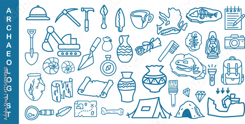 Creative archaeologist doodle icon set featuring fossils, pottery, tools, bones, and excavation symbols. Perfect for education, history projects, museum posters, and adventure-themed designs.
