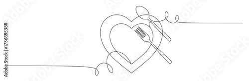 Continuous line art of a set of cutlery consisting of a heart-shaped plate, spoon, and fork. This icon is for a restaurant sticker or banner. Vector illustration