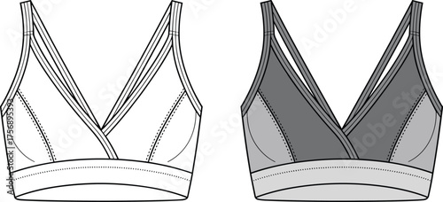 Bralette sports bra fashion CAD, v neck double strap lingerie technical flat sketch, vector illustration, apparel design template, garment construction drawing
