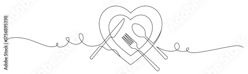 Continuous line art of a set of cutlery consisting of a heart-shaped plate, spoon, and fork. This icon is for a restaurant sticker or banner. Vector illustration