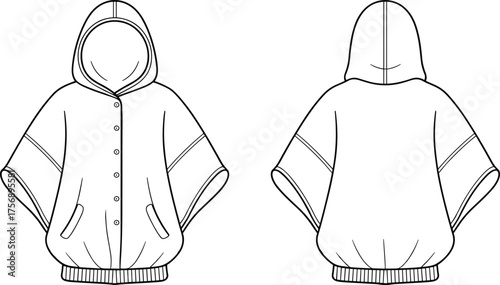 Hooded poncho fashion CAD, button front outerwear technical flat sketch, vector illustration, apparel design template, garment construction drawing, front and back view