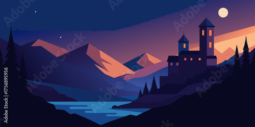 Castle on a hill overlooking a lake at twilight mountains