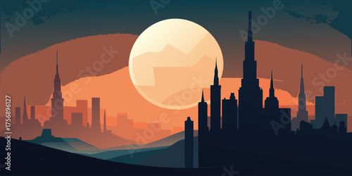 Futuristic city skyline against a large moon sunset