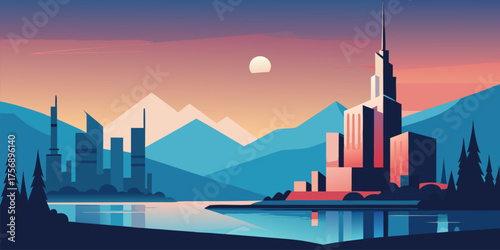 Futuristic Cityscape at Sunset vector illustration
