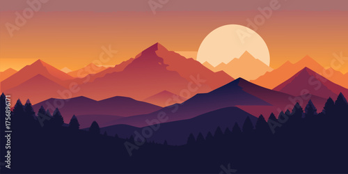 Layered Mountains at Sunset with Pine Trees twilight