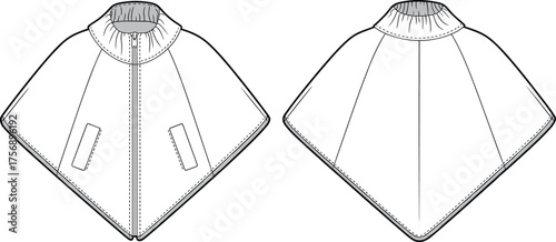 Poncho outerwear fashion CAD, gathered neckline zip front coat technical flat sketch, vector illustration, apparel design template, garment construction drawing