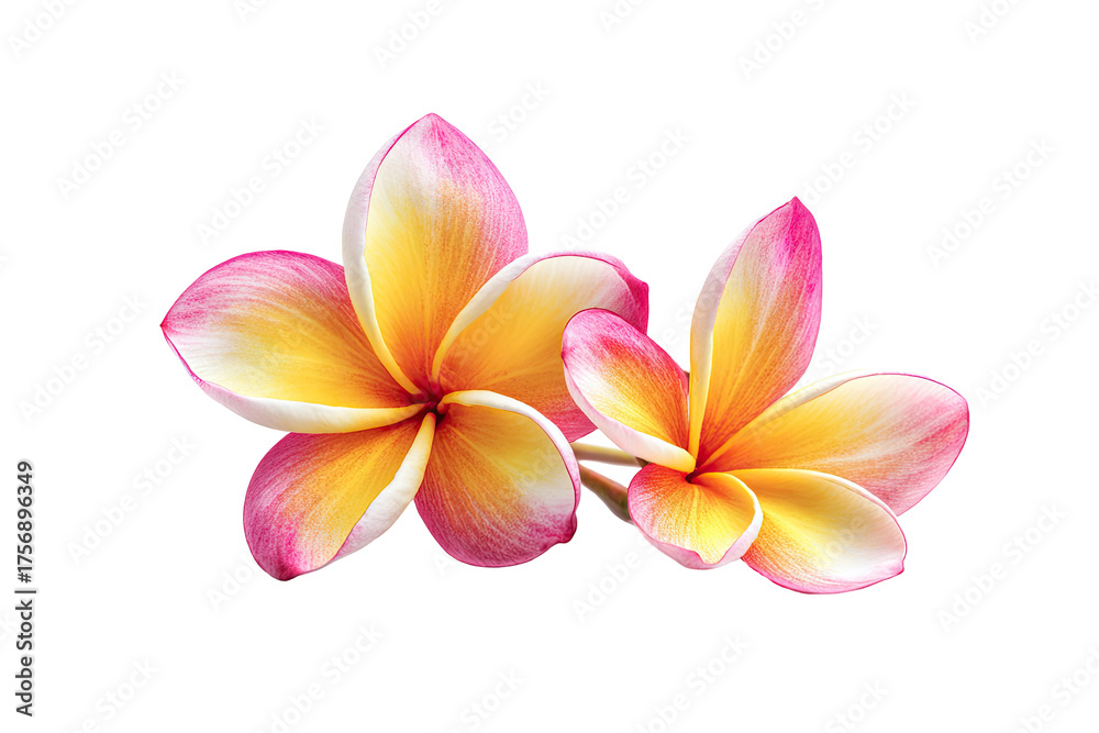 Naklejka premium Close-up of two plumeria flowers, vibrant yellow and pink