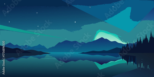 Serene night landscape with aurora borealis over a lake
