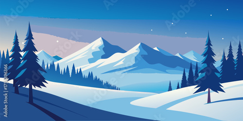 Snowy Mountain Landscape With Pine Trees winter mountains