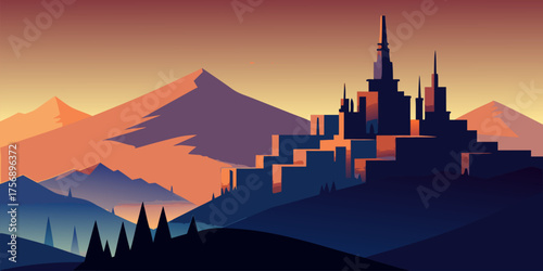 Stylized castle silhouette on a mountain range at sunset