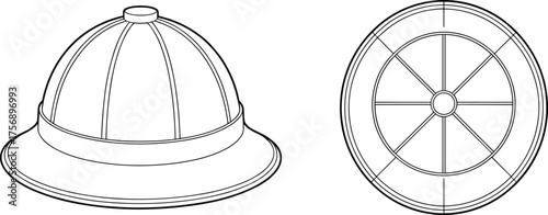 Technical CAD illustration, dome shaped structure with radial segments front and top view, architectural mechanical design sketch, engineering drawing, vector template
