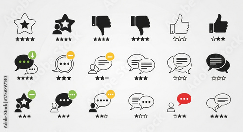 Set of customer review and feedback icons with star ratings and speech bubbles, representing positive and negative opinions