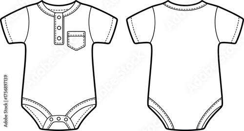 Technical fashion CAD illustration, baby onesie short sleeve with button placket chest pocket and snap closure front and back view, vector template