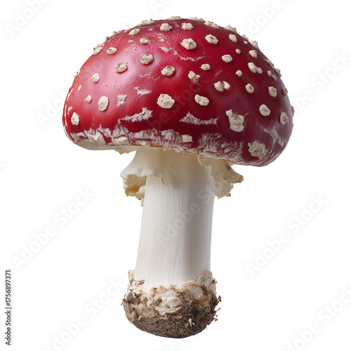 High-resolution macro studio photo of Amanita muscaria fly agaric mushroom featuring vibrant red cap white warts, white stem and gills, isolated on transparent background with sharp natural detail
