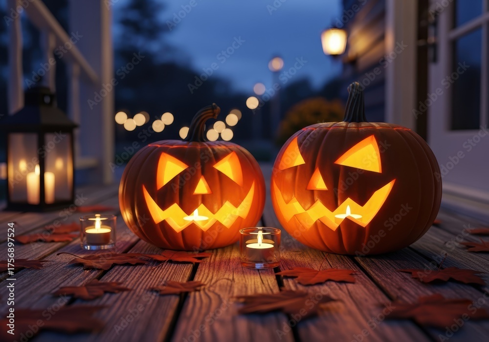 Fototapeta premium Lit Halloween Pumpkins and Candles on Wooden Porch at Dusk