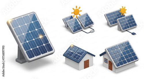 Set of solar panel illustrations, showcasing various configurations for renewable energy generation and sustainable power solutions for residential and commercial use