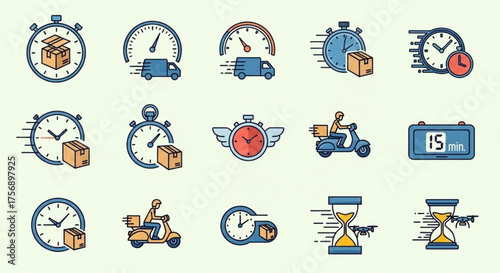 Collection of delivery time icons, featuring various clocks, vehicles, and symbols representing speed and efficiency in shipping and logistics