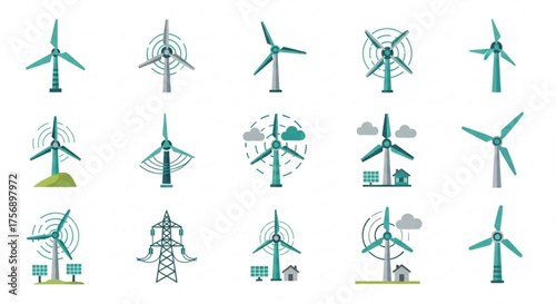 Collection of wind turbine icons, showcasing renewable energy sources, sustainable power generation, and ecofriendly technology for a greener future