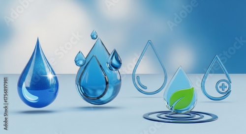 Water drop concept with leaf, plus sign, and ripple effect, symbolizing purity, health, and environmental consciousness on a serene blue backdrop