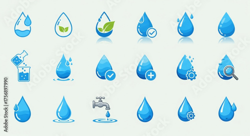 Collection of water drop icons, representing purity, hydration, and essential liquid for life, science, and environmental concepts