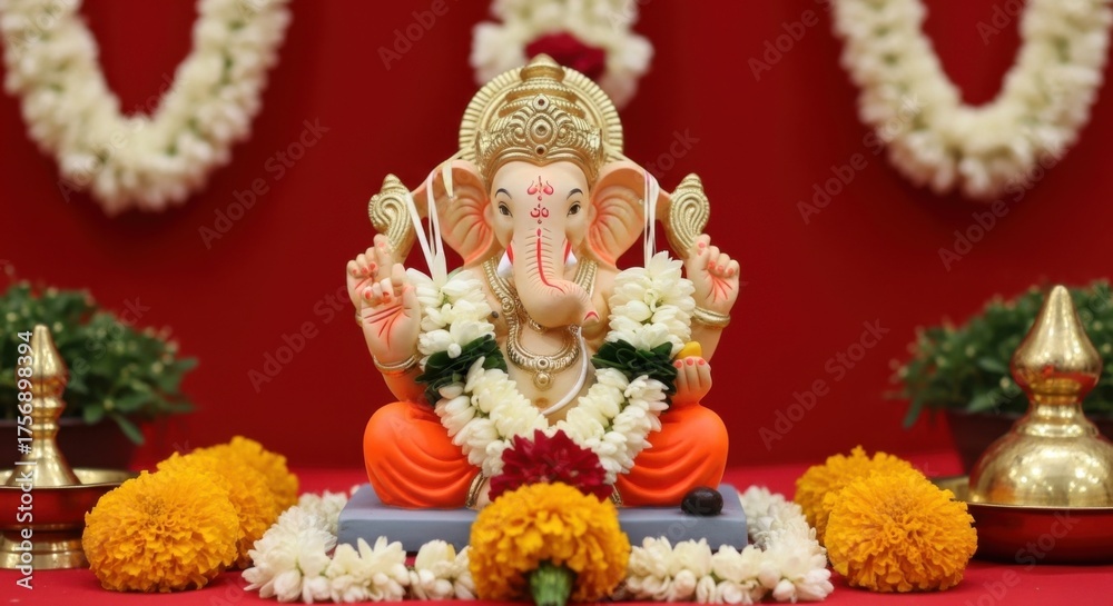 Obraz premium Ganesh idol decorated with garland for festive hindu celebration and spiritual worship decor
