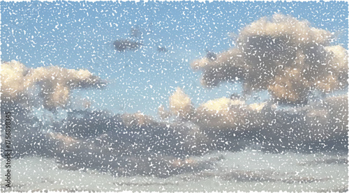 Halftone retro sky with photocopy effect. Blue and white dotted clouds in pop art style