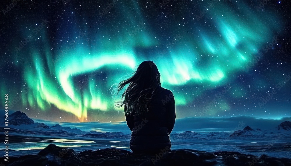 Obraz premium Silhouette of a person sitting and watching vibrant green and blue northern lights dancing across a starry night sky over snowy mountains and icy landscape